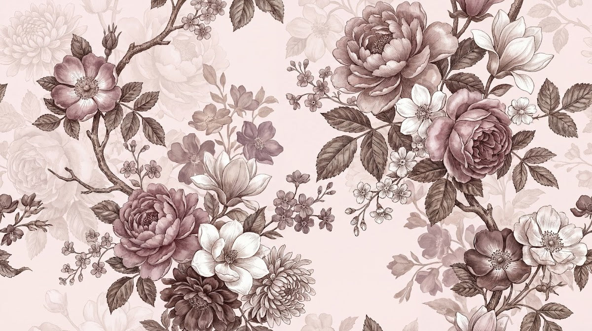Papier peint panoramique fleurie vintage - Pivoines roses magnolias branches fleuries tons rose poudré et brun taupe sur mesure - Design