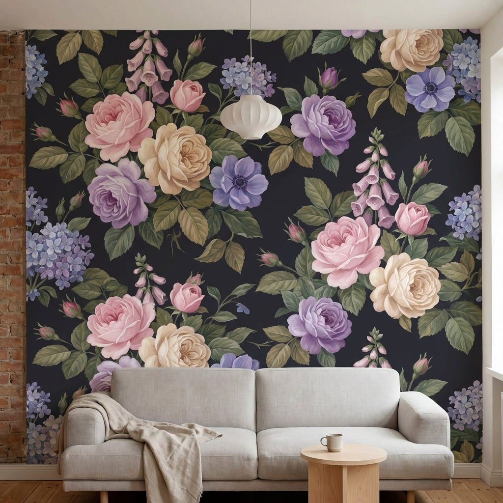 papier peint fleurie vintage roses pivoines hortensia campanules motifs repetiti-5