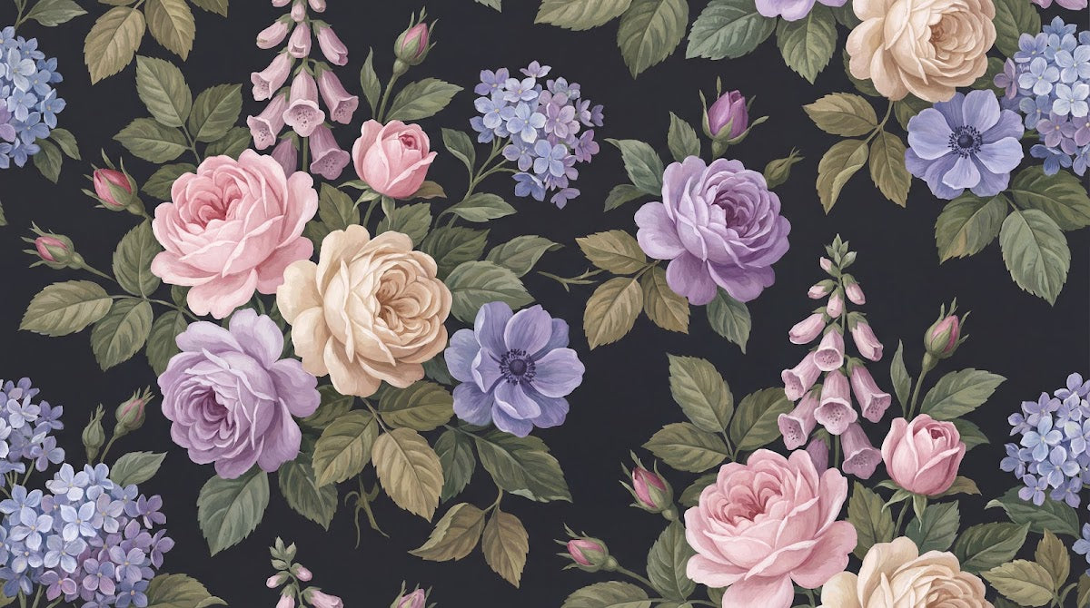 Papier peint panoramique fleurie vintage - Roses pivoines hortensia campanules motifs répétitifs fond noir et rose sur mesure - Design