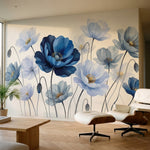 papier peint fleurs bleues pavots aquarelle petales delicats tons bleu ciel mari-3