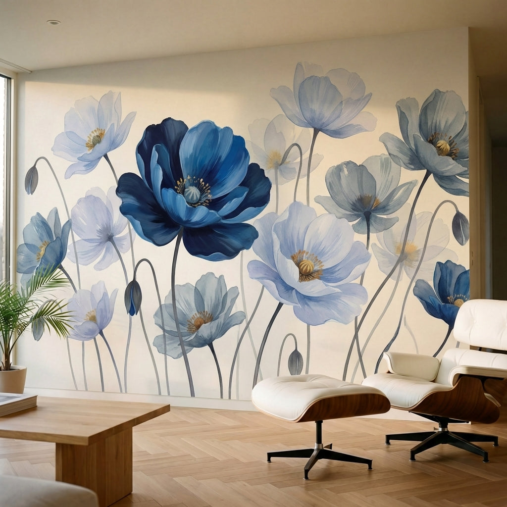 papier peint fleurs bleues pavots aquarelle petales delicats tons bleu ciel mari-3