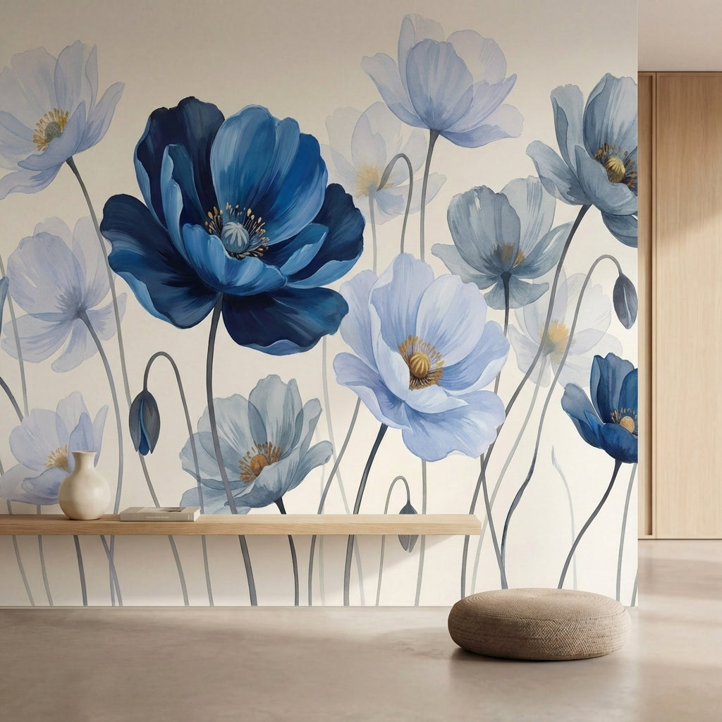 papier peint fleurs bleues pavots aquarelle petales delicats tons bleu ciel mari-4