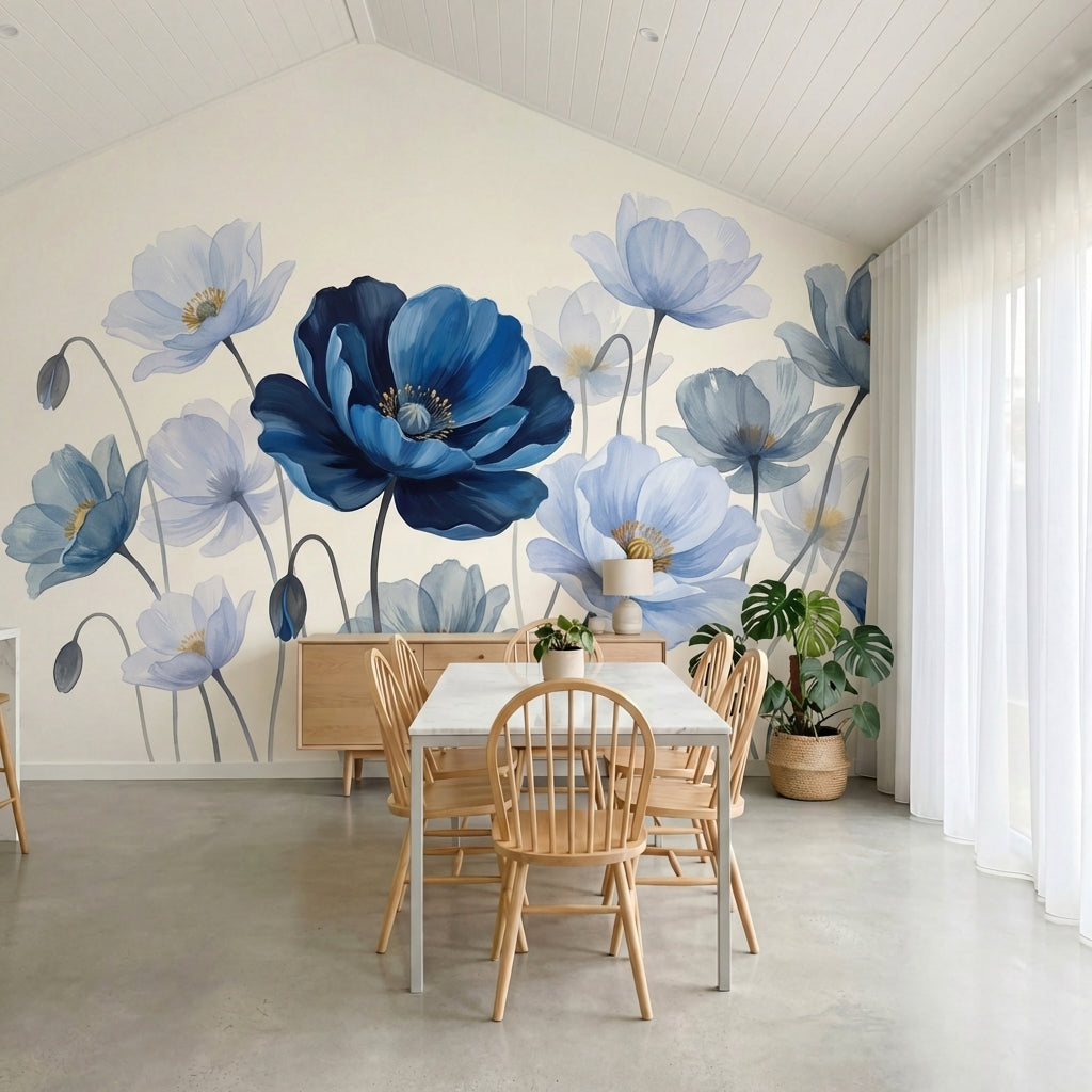 papier peint fleurs bleues pavots aquarelle petales delicats tons bleu ciel mari-6