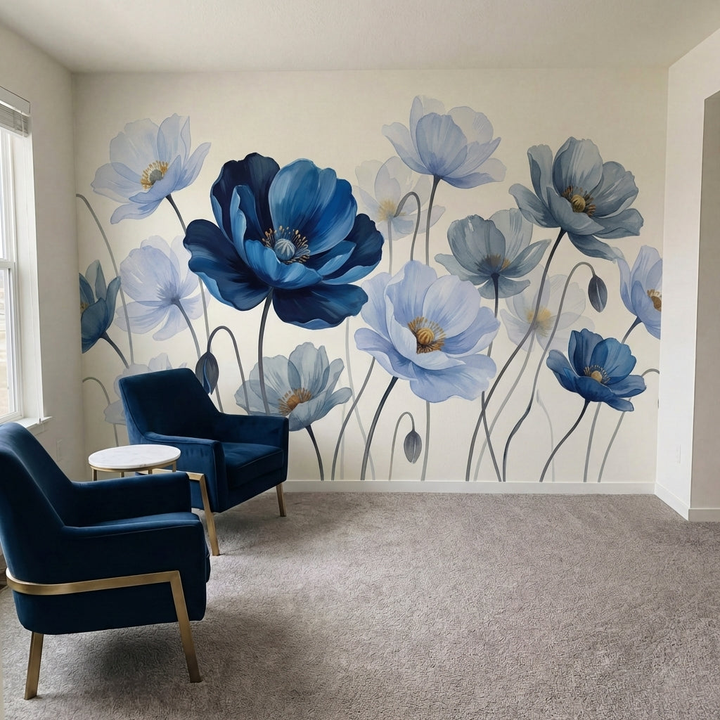 papier peint fleurs bleues pavots aquarelle petales delicats tons bleu ciel mari-8