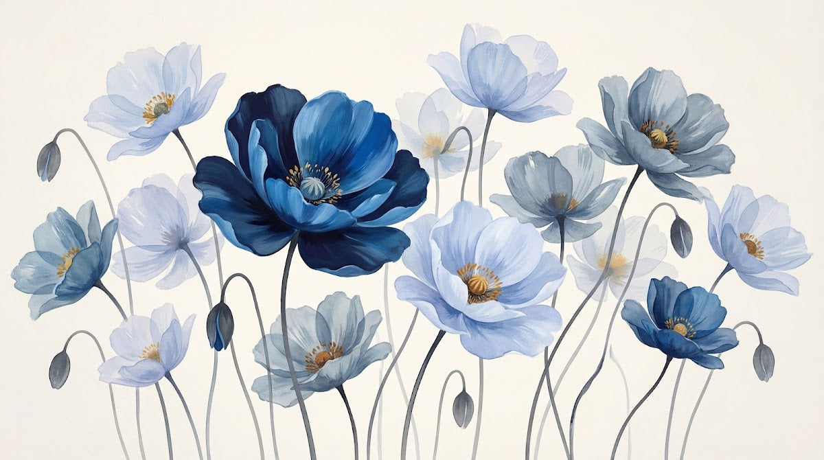 Papier peint panoramique fleurs bleues - Pavots aquarelle pétales délicats tons bleu ciel marine et beige crème sur mesure - Design