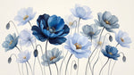 Papier peint panoramique fleurs bleues - Pavots aquarelle pétales délicats tons bleu ciel marine et beige crème sur mesure - Design