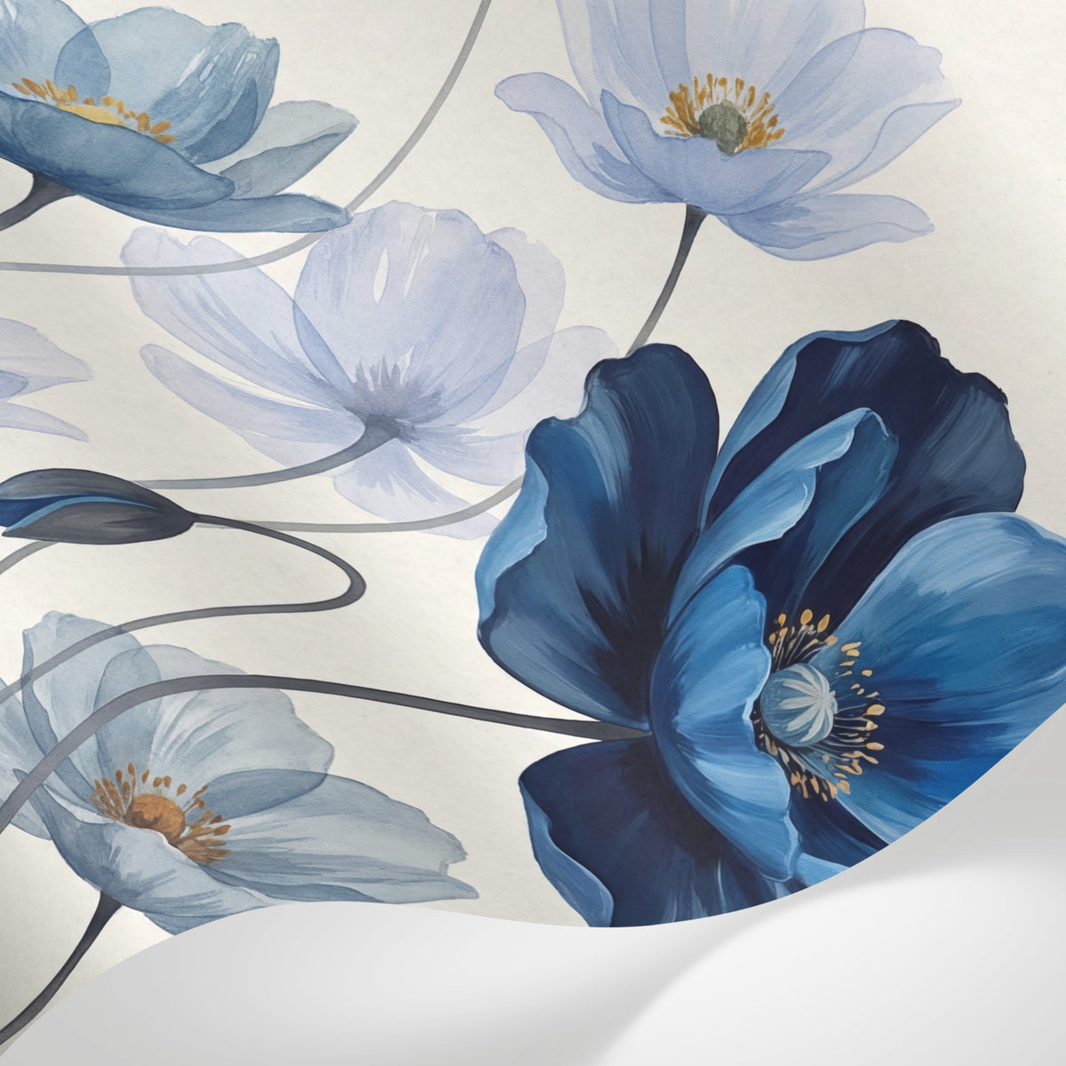 Papier peint panoramique fleurs bleues - Pavots aquarelle pétales délicats tons bleu ciel marine et beige crème sur mesure - Matière