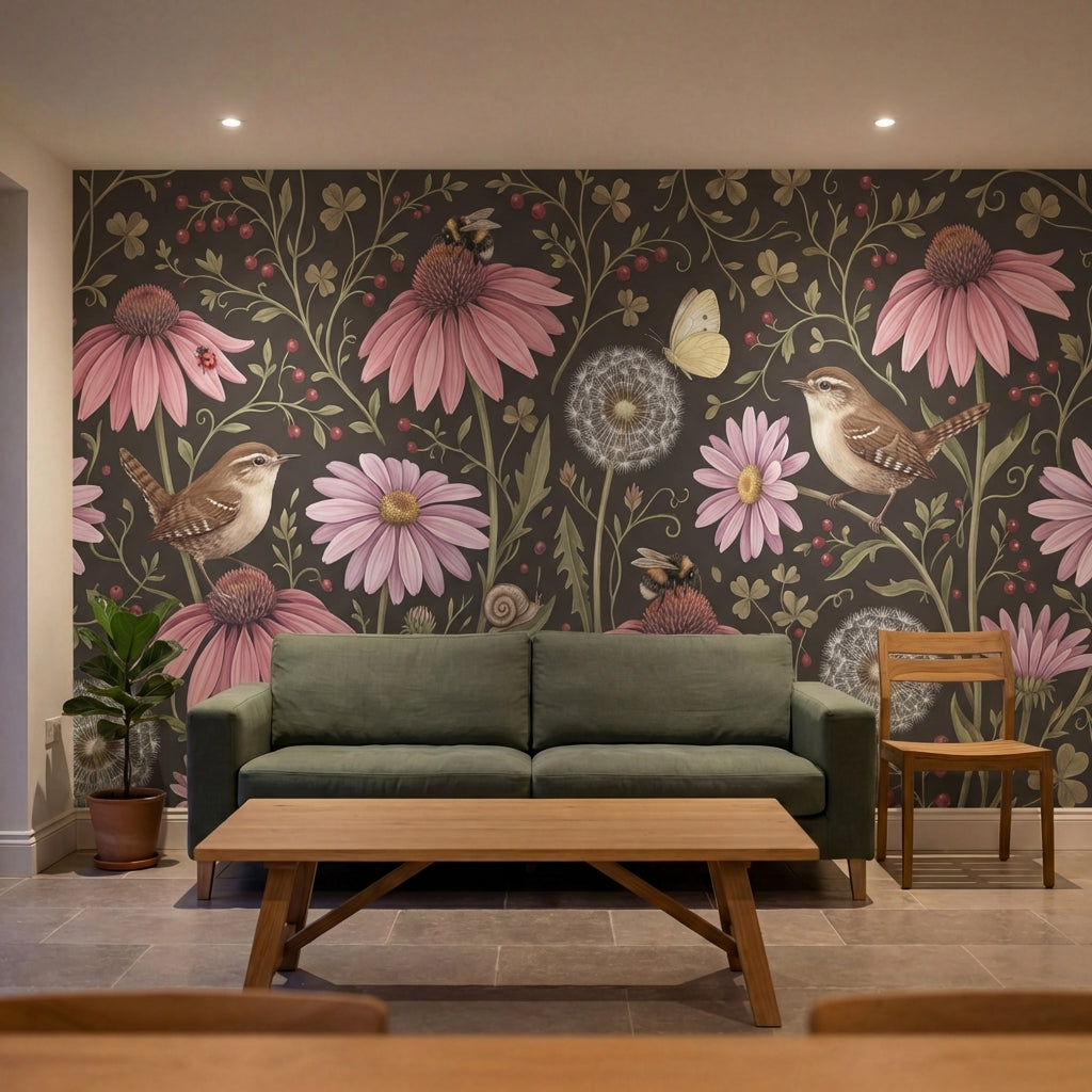 papier peint fleurs des champs coneflowers roses oiseaux papillons fond brun cho-10