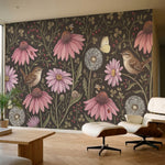 papier peint fleurs des champs coneflowers roses oiseaux papillons fond brun cho-3
