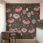 papier peint fleurs des champs coneflowers roses oiseaux papillons fond brun cho-5