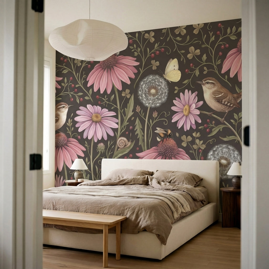 papier peint fleurs des champs coneflowers roses oiseaux papillons fond brun cho-6