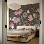 papier peint fleurs des champs coneflowers roses oiseaux papillons fond brun cho-6