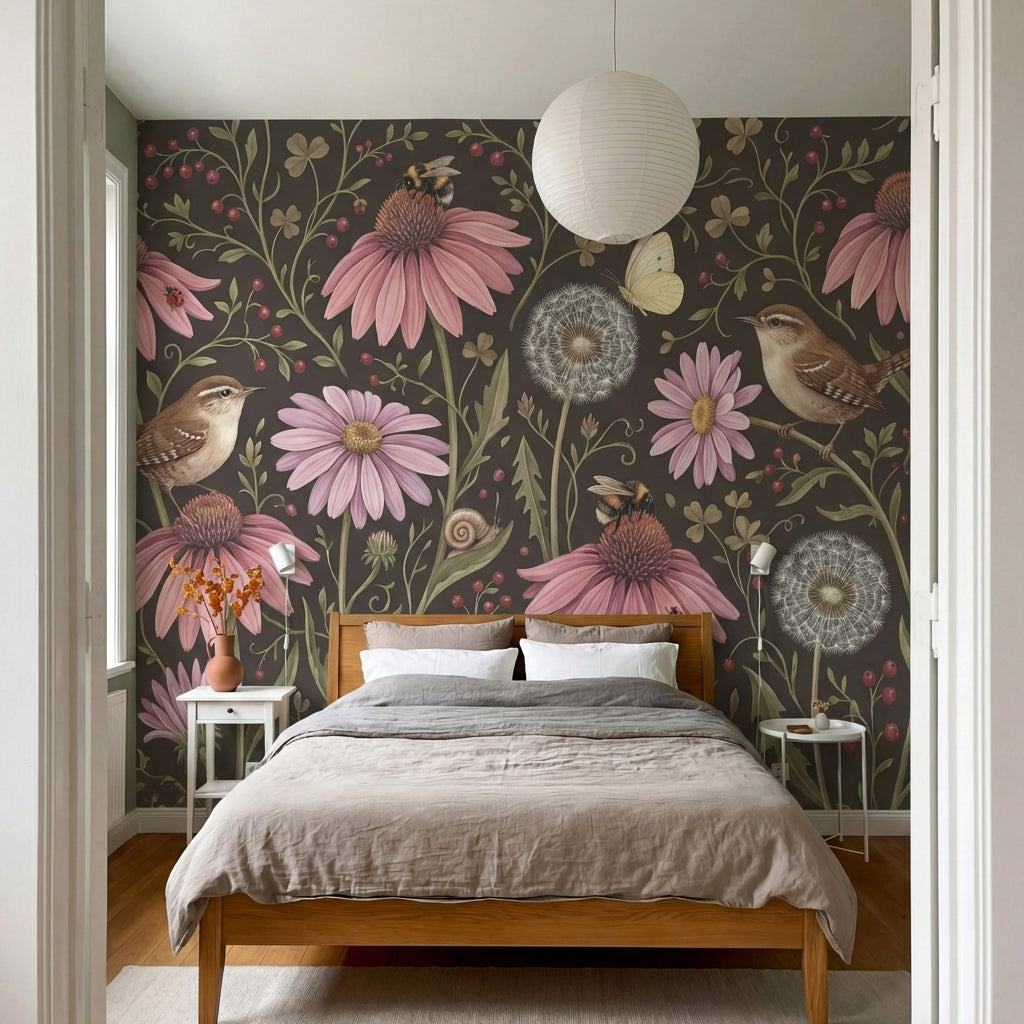 papier peint fleurs des champs coneflowers roses oiseaux papillons fond brun cho-7