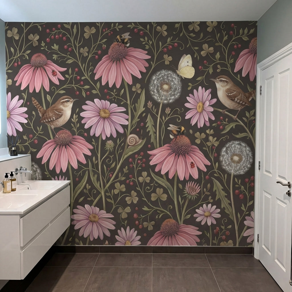 papier peint fleurs des champs coneflowers roses oiseaux papillons fond brun cho-8