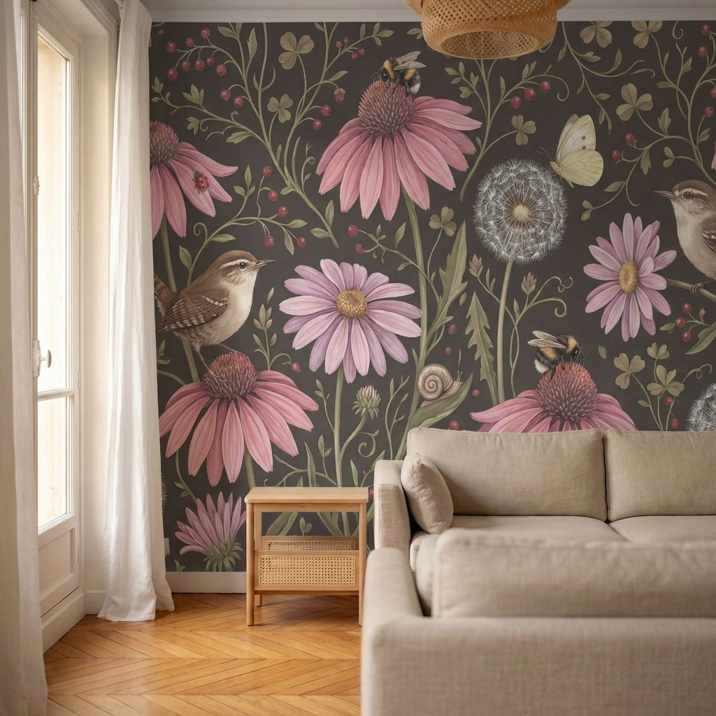 papier peint fleurs des champs coneflowers roses oiseaux papillons fond brun cho-9