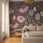 papier peint fleurs des champs coneflowers roses oiseaux papillons fond brun cho-9