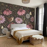 papier peint fleurs des champs coneflowers roses oiseaux papillons fond brun cho-VARIANTE-10