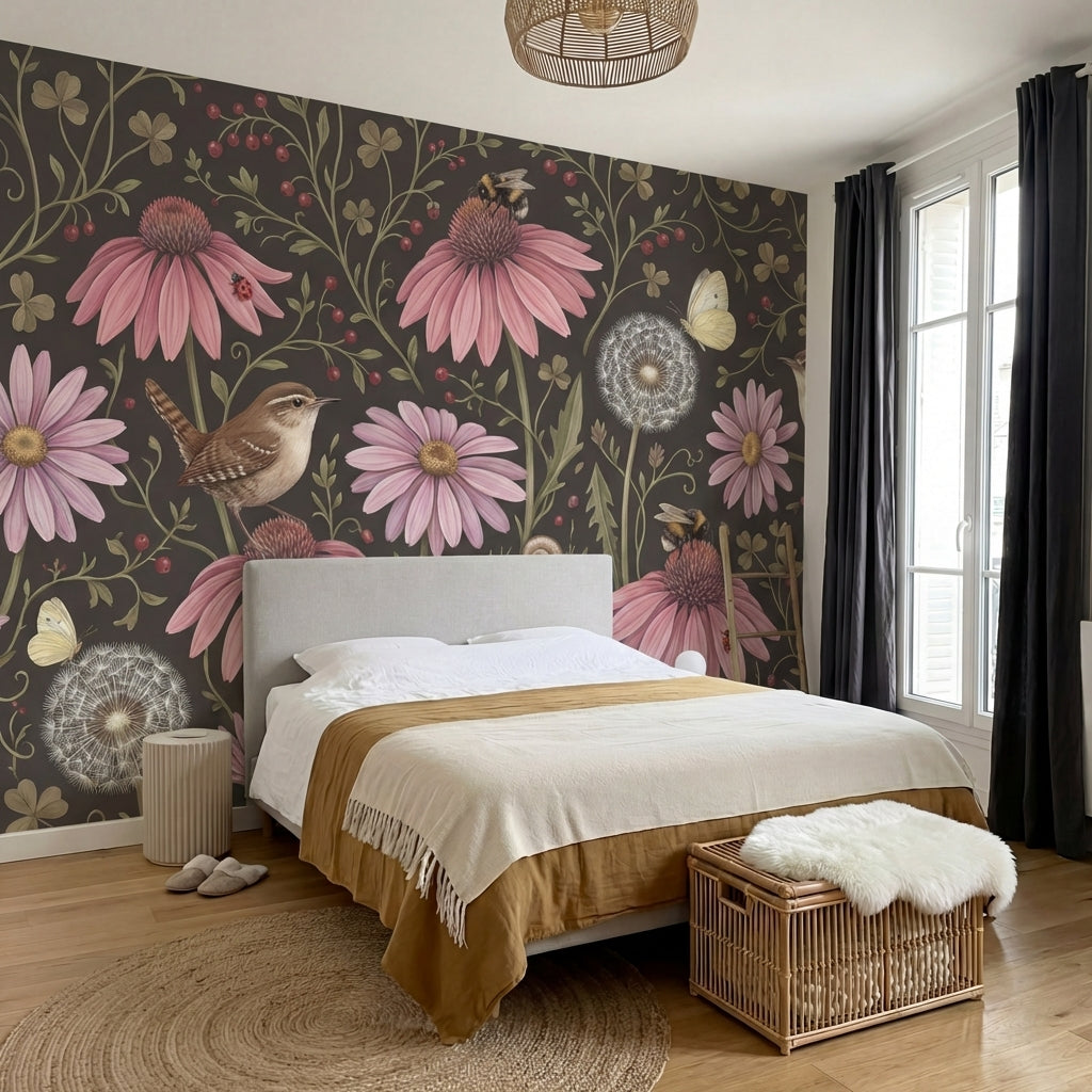 papier peint fleurs des champs coneflowers roses oiseaux papillons fond brun cho-VARIANTE-10