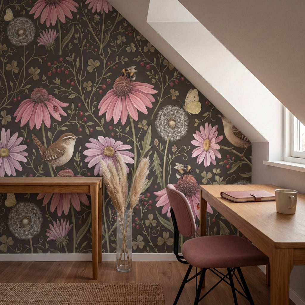 papier peint fleurs des champs coneflowers roses oiseaux papillons fond brun cho-VARIANTE-6