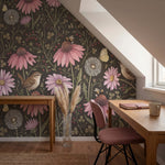 papier peint fleurs des champs coneflowers roses oiseaux papillons fond brun cho-VARIANTE-6