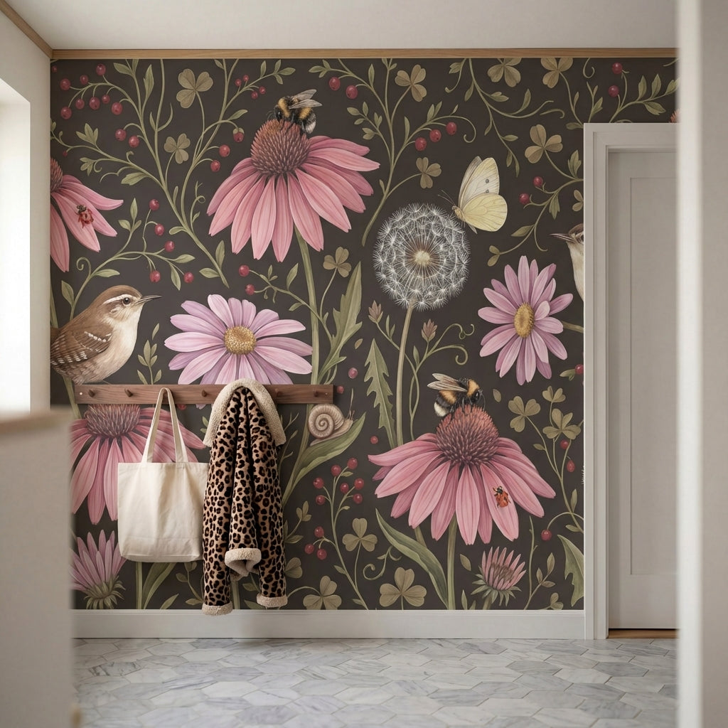 papier peint fleurs des champs coneflowers roses oiseaux papillons fond brun cho-VARIANTE-7