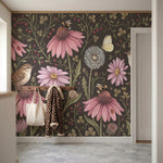 papier peint fleurs des champs coneflowers roses oiseaux papillons fond brun cho-VARIANTE-7