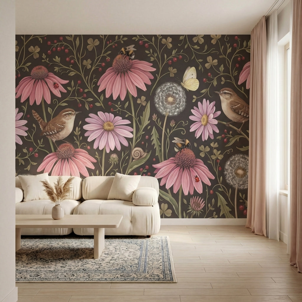 papier peint fleurs des champs coneflowers roses oiseaux papillons fond brun cho-VARIANTE-8