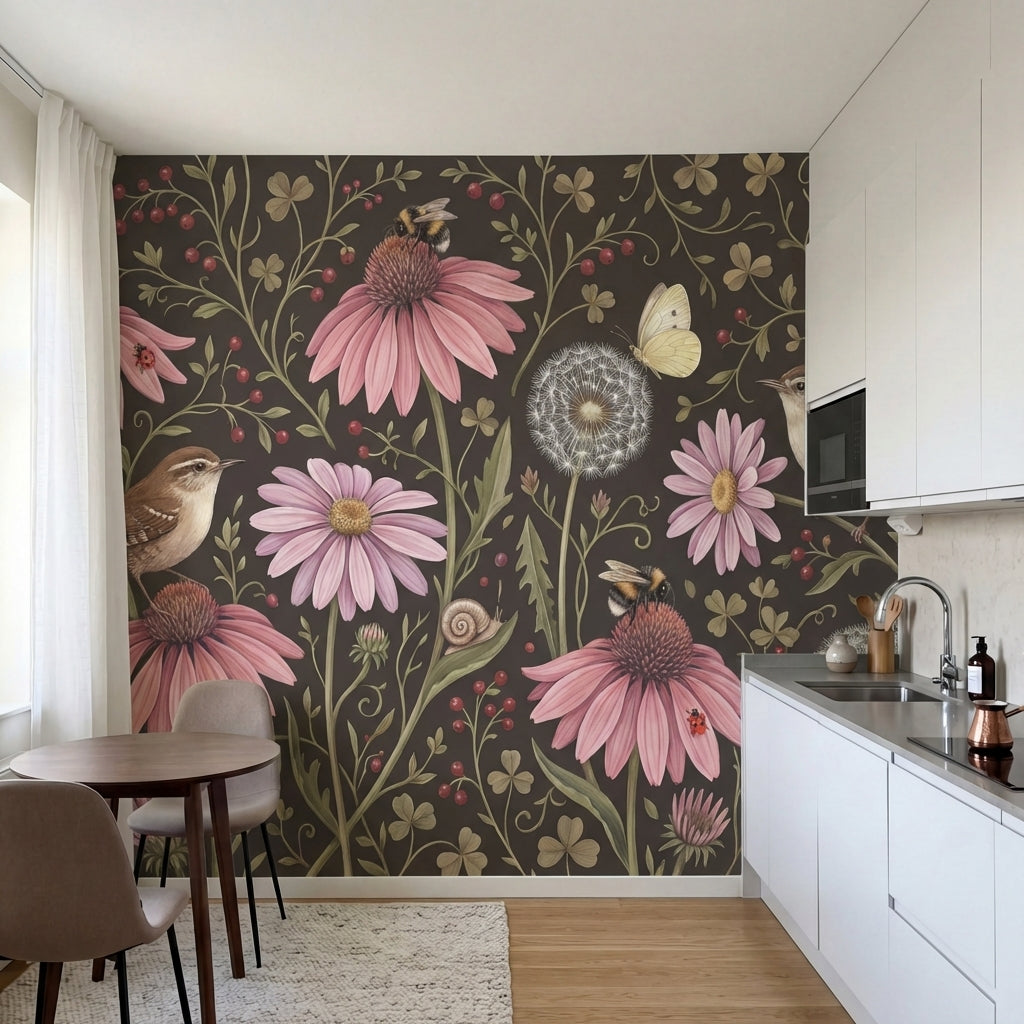 papier peint fleurs des champs coneflowers roses oiseaux papillons fond brun cho-VARIANTE-9