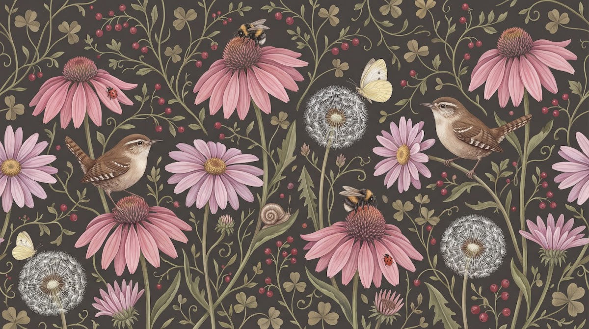 Papier peint panoramique fleurs des champs - Coneflowers roses oiseaux papillons fond brun chocolat sur mesure - Design