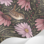Papier peint panoramique fleurs des champs - Coneflowers roses oiseaux papillons fond brun chocolat sur mesure - Matière