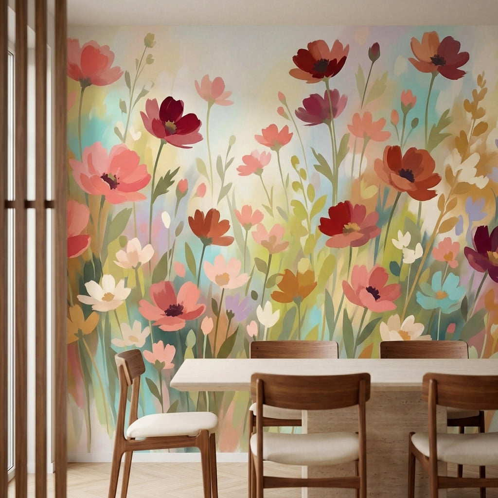 papier peint fleurs des champs cosmos coquelicots aquarelle tons corail rouge bo-1