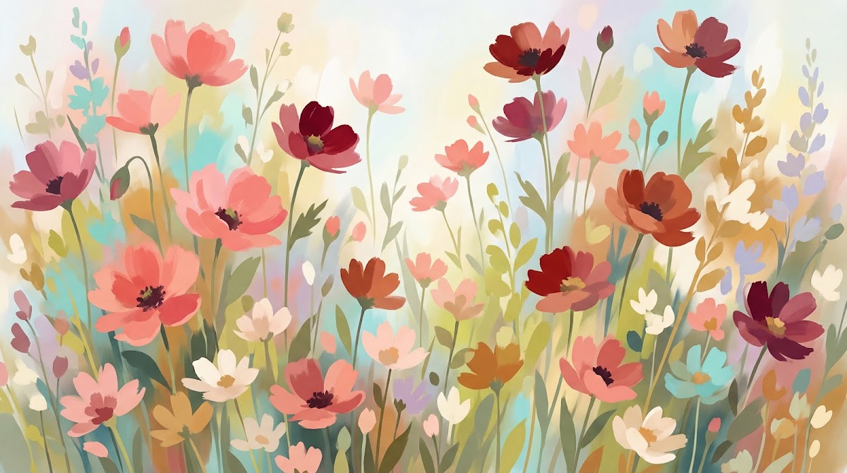 Papier peint panoramique fleurs des champs - Cosmos coquelicots aquarelle tons corail rouge bordeaux fond pastel multicolore sur mesure - Design