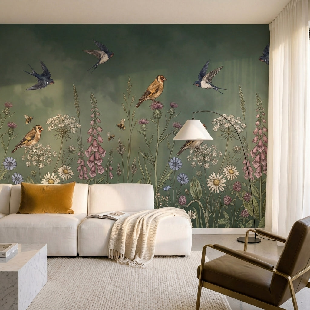 papier peint fleurs des champs oiseaux hirondelles abeilles coquelicots digitale-10