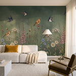 papier peint fleurs des champs oiseaux hirondelles abeilles coquelicots digitale-10