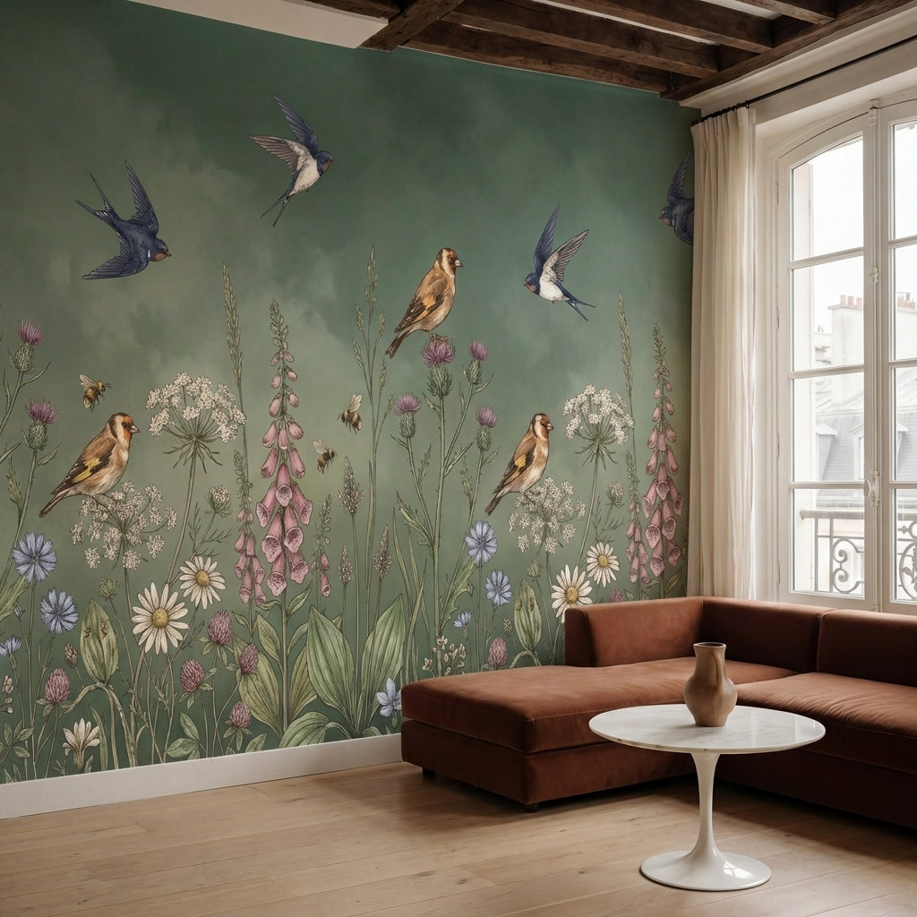 papier peint fleurs des champs oiseaux hirondelles abeilles coquelicots digitale-3