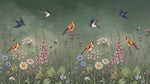 Papier peint panoramique fleurs des champs - Oiseaux hirondelles abeilles coquelicots digitales fond vert sauge sur mesure - Design