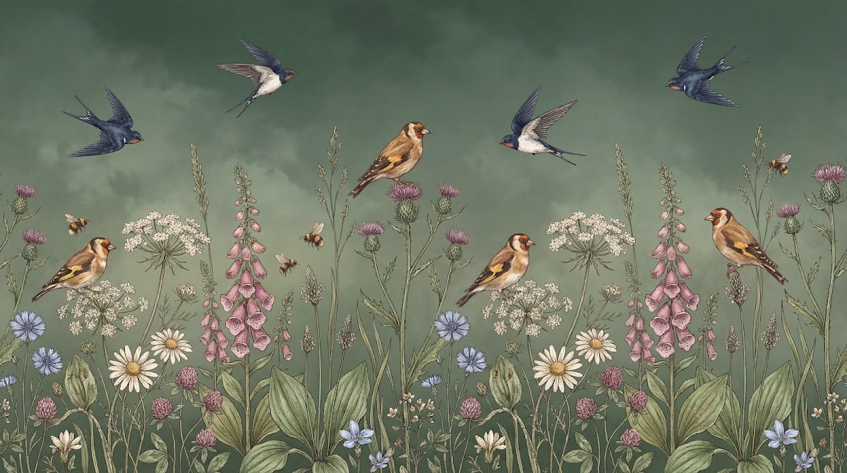 Papier peint panoramique fleurs des champs - Oiseaux hirondelles abeilles coquelicots digitales fond vert sauge sur mesure - Design