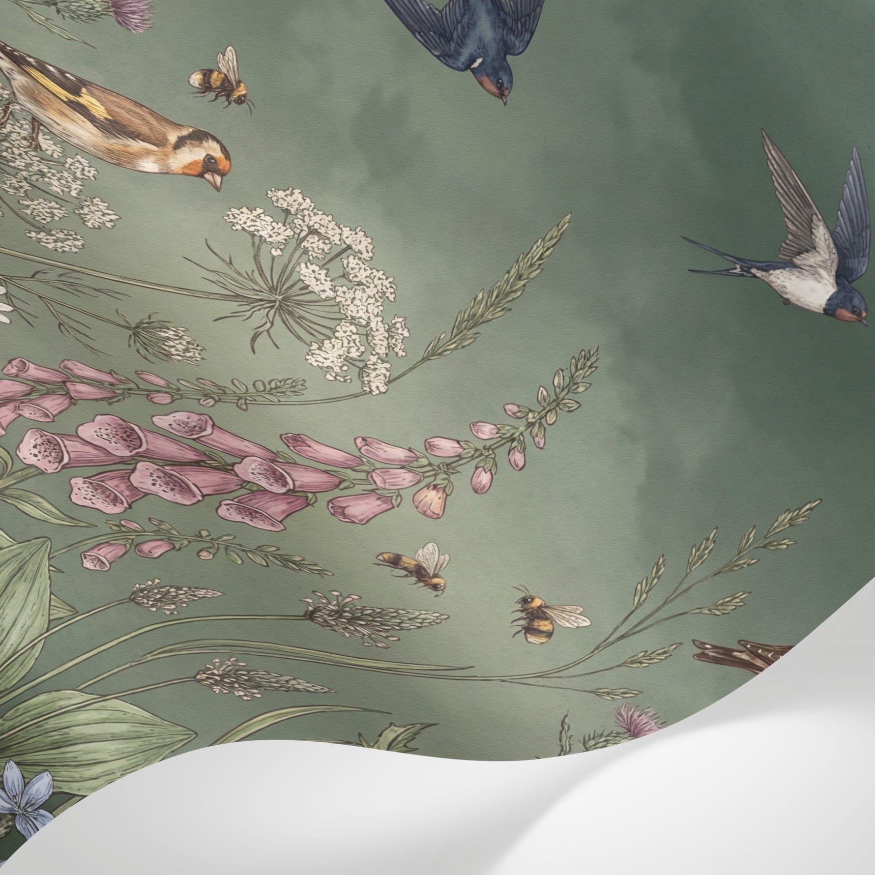 Papier peint panoramique fleurs des champs - Oiseaux hirondelles abeilles coquelicots digitales fond vert sauge sur mesure - Matière