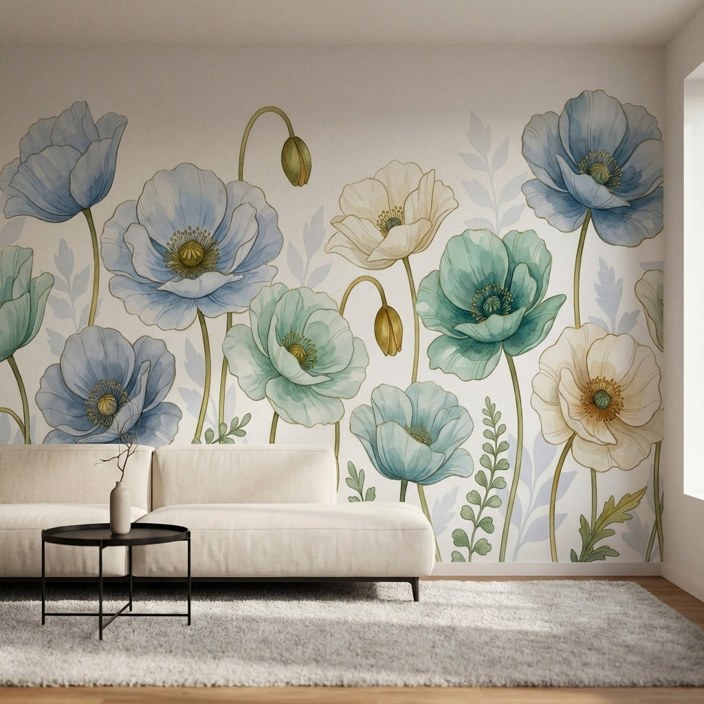 papier peint fleurs des champs pavots aquarelle petales translucides tons bleu p-1