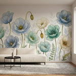 papier peint fleurs des champs pavots aquarelle petales translucides tons bleu p-1