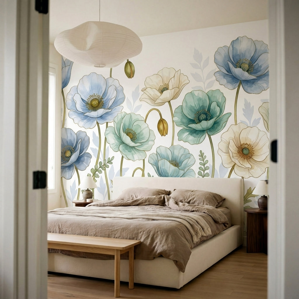 papier peint fleurs des champs pavots aquarelle petales translucides tons bleu p-10