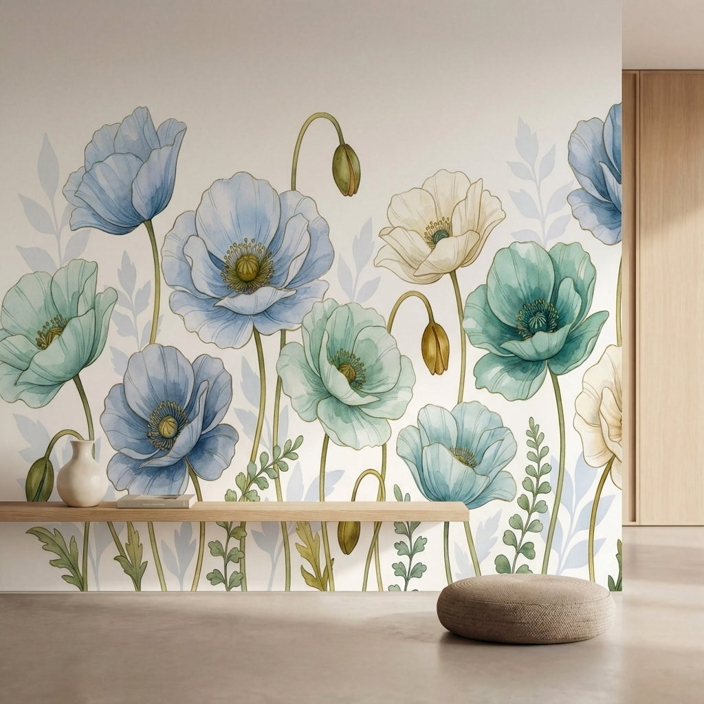 papier peint fleurs des champs pavots aquarelle petales translucides tons bleu p-2