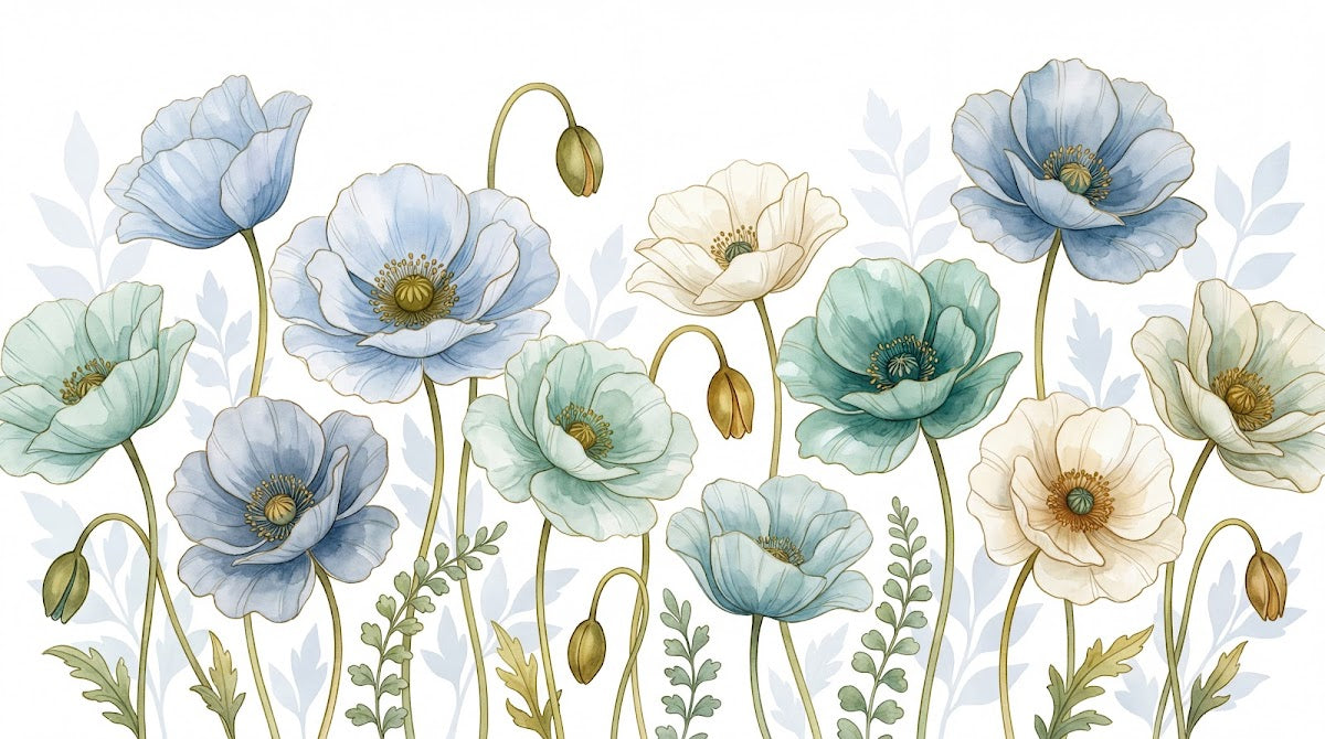 Papier peint panoramique fleurs des champs - Pavots aquarelle pétales translucides tons bleu pastel vert sauge et blanc nacré sur mesure - Design