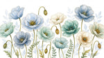 Papier peint panoramique fleurs des champs - Pavots aquarelle pétales translucides tons bleu pastel vert sauge et blanc nacré sur mesure - Design
