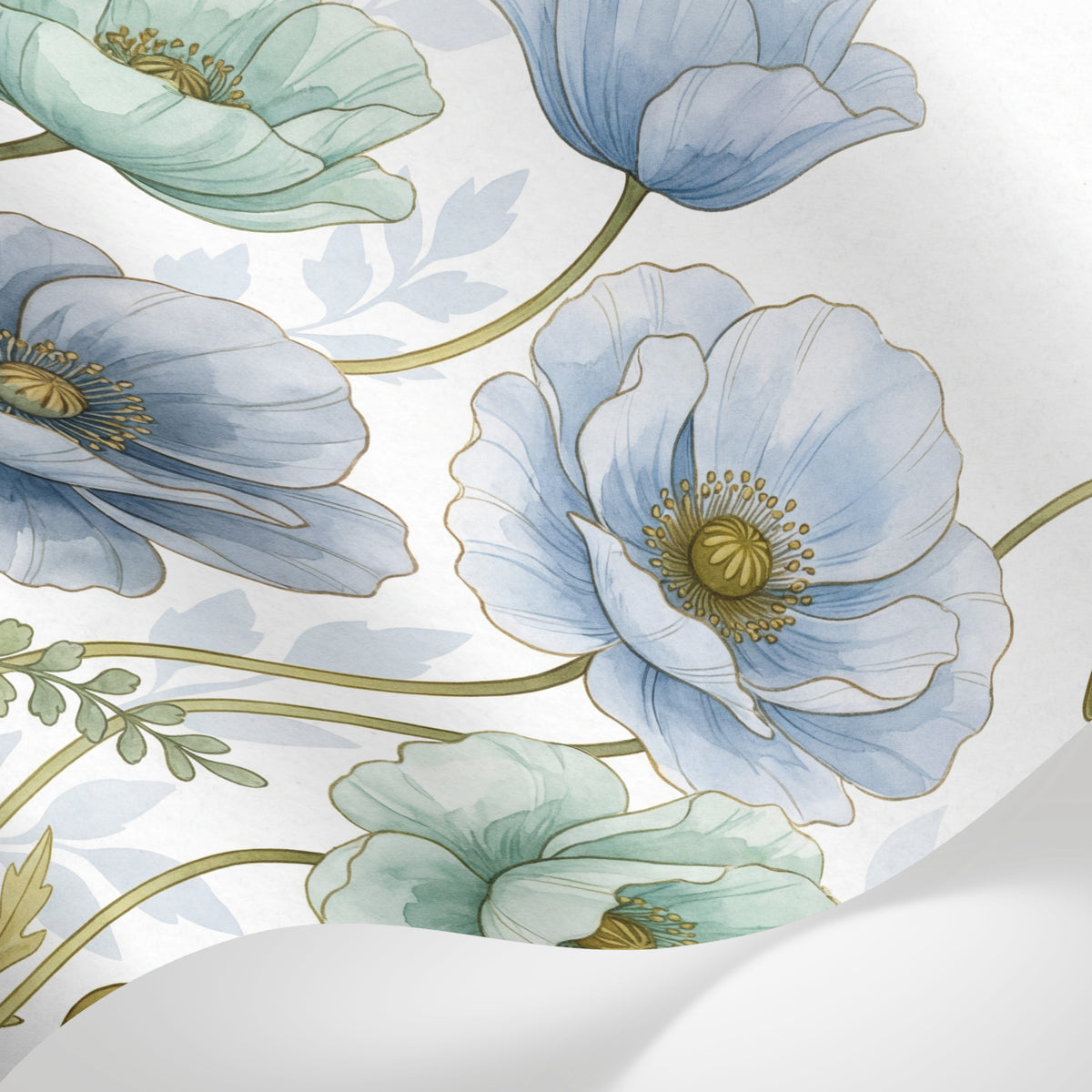 Papier peint panoramique fleurs des champs - Pavots aquarelle pétales translucides tons bleu pastel vert sauge et blanc nacré sur mesure - Matière