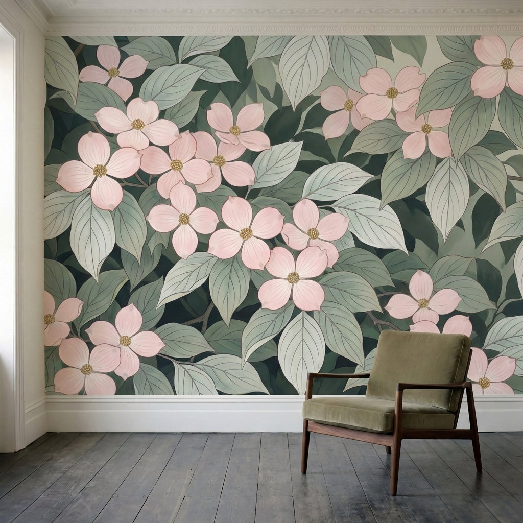 papier peint fleurs roses motifs botaniques delicats feuillage vert sauge fond b-4