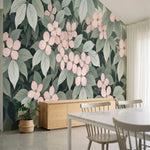 papier peint fleurs roses motifs botaniques delicats feuillage vert sauge fond b-HERO-10