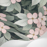 Papier peint panoramique fleurs roses - Motifs botaniques délicats feuillage vert sauge fond beige crème sur mesure - Matière
