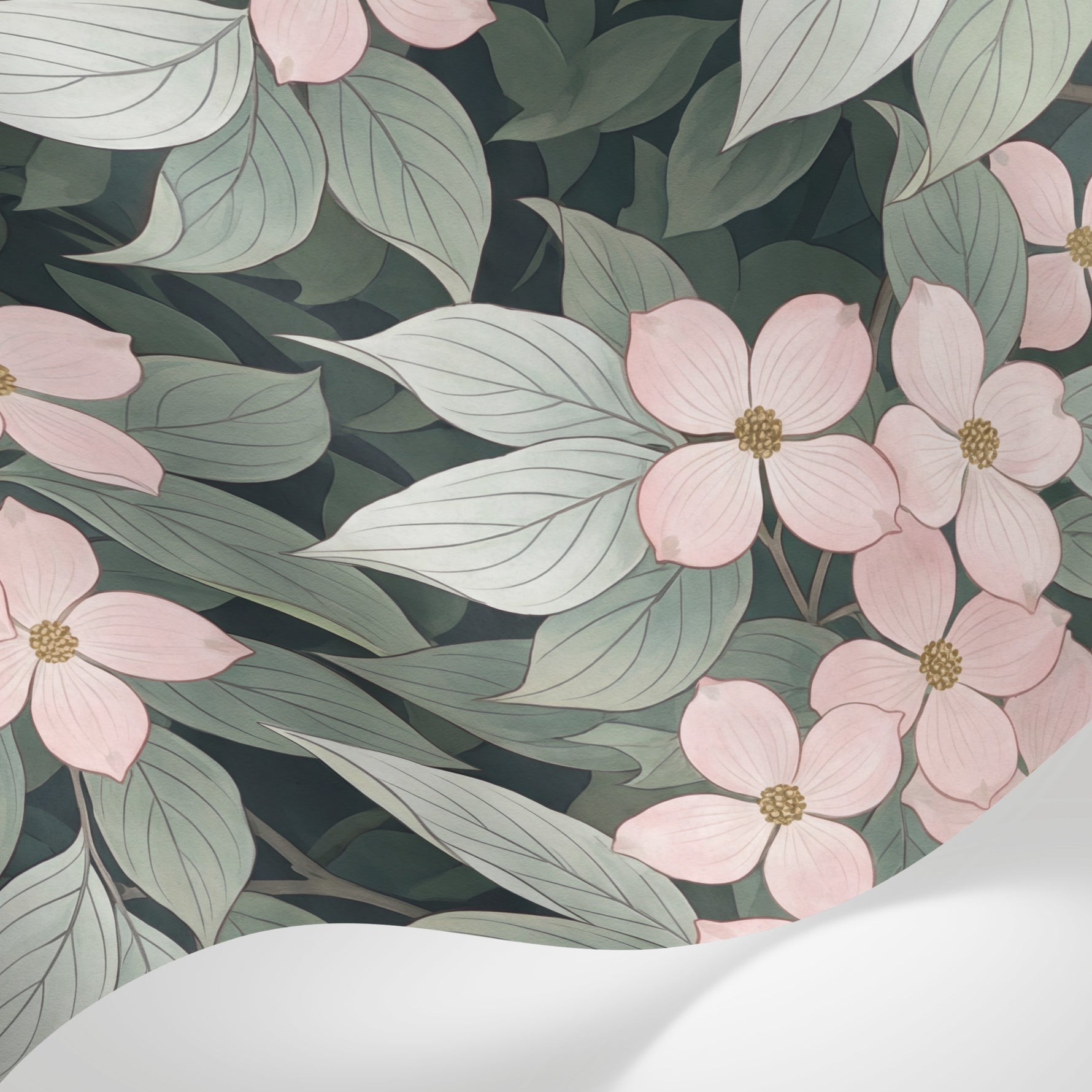 Papier peint panoramique fleurs roses - Motifs botaniques délicats feuillage vert sauge fond beige crème sur mesure - Matière