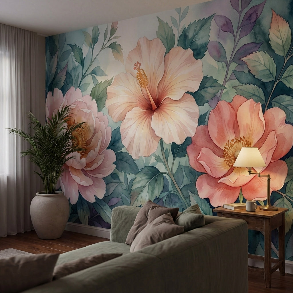 papier peint fleurs roses pivoines hibiscus aquarelle feuillage luxuriant tons r-10